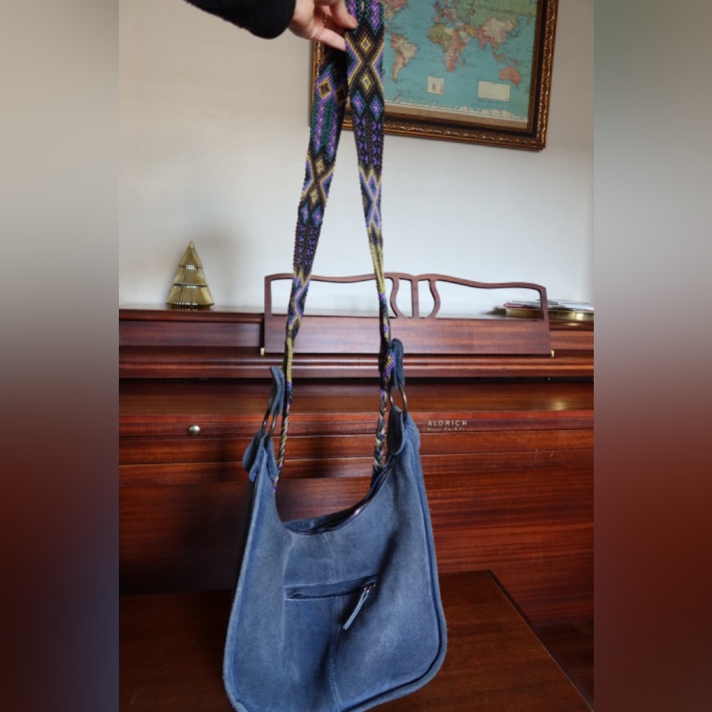 Blue suede hobo bag with hand woven strap from Mexico